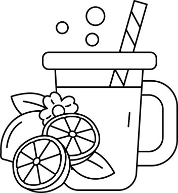 Bir bardak portakal suyu, pipet ve bir dilim limon. Görüntü bir çizgi film tarzında ve siyah-beyaz.