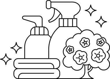 Bir şişe sprey temizleyici ve bir şişe sabun çiçekli bir ağacın yanında. Temizlik kavramı ve temiz bir çevreyi korumanın önemi