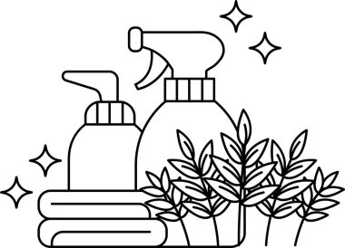 Üzerinde yaprak olan bir sprey şişesi bir sabun şişesinin yanında duruyor. Temizlik kavramı ve düzenli bir çevreyi korumanın önemi