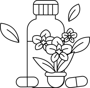 Bitkinin yanında bir şişe hap var. Bitki yapraklar ve çiçeklerle çevrili. Sağlık ve refah kavramı