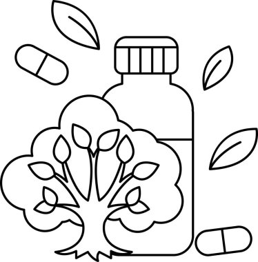 Ağacın yanında bir şişe hap var. Şişe yeşil ve ağaç kahverengi.