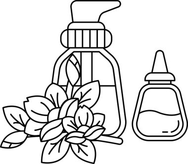 Bir şişe losyon bir çiçeğin yanında. Şişe beyaz ve çiçek yeşil.