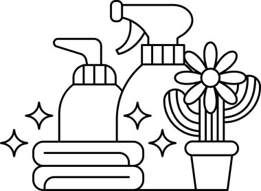 Bir şişe temizlik spreyi, bir şişe çiçek spreyi ve bir saksı bitkisinin siyah beyaz çizimi.