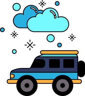 Çatı rafı olan bir araba kar fırtınasının içinden geçiyor. Araba beyaz ve siyah, gökyüzü bulutlu.