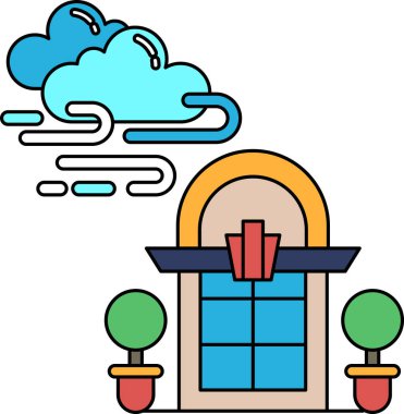 Penceresi ve arka planında bulut olan bir bina. Bina eski ve klasik görünümlü.