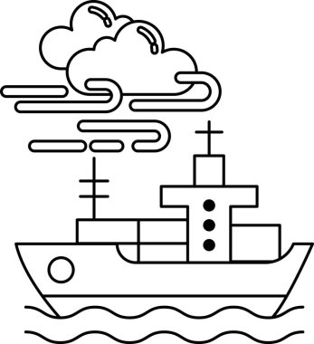 Arka planda fırtınayla birlikte bir gemi okyanusta ilerliyor. Gökyüzü bulutlu ve su dalgalı.