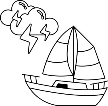 Arka planda fırtınayla birlikte bir tekne okyanusta gidiyor. Fırtına bir yıldırım olarak tasvir edilir.