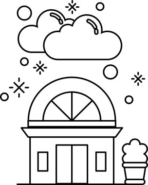 Penceresi ve saksıda bitkisi olan bir ev. Ev karla çevrili ve gökyüzü bulutlu.