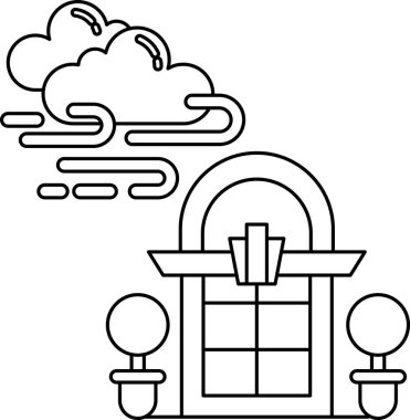 Penceresi ve arka planında bulut olan bir bina. Bina eski ve klasik görünümlü.