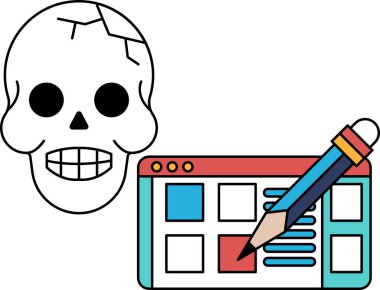 Üzerinde kalem olan bir bilgisayar ekranının yanına bir kafatası çizilir. Kafatası sanki kalemi ısıracakmış gibi çizilmiş.