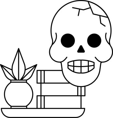 Yüzünde bir gülümseme ve yanında bir bitki olan bir kafatası çizilir. Kafatası kitaplarla çevrili. Bu da ölümün sembolü ya da bilginin sonu olduğunu gösteriyor.