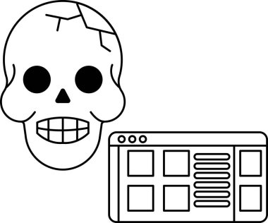 Bir kafatası, kırık bir yüz ve açık bir ağızla çizilir. Kafatası, üzerinde web sitesi olan bir bilgisayar ekranının yanında. Web sitesi bir alışveriş sitesidir.