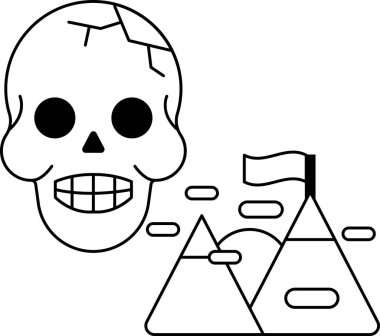 Arka planda dağlar ve bayrak olan bir kafatası çizilir. Kafatası gülümsüyor ve arkasında bir bayrak var.