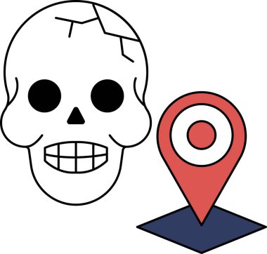 Sağında bir konum haritası olan bir kafatası. Kafatası gülümsüyor ve harita bir yeri gösteriyor.