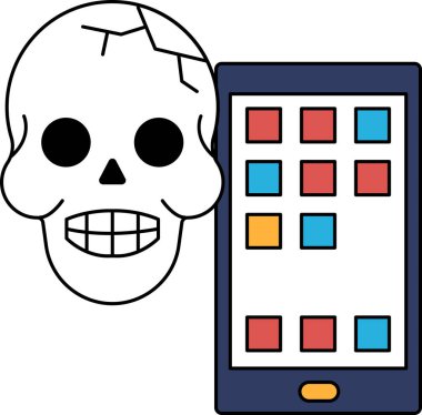 Kafatası cep telefonunun yanında. Kafatası gülümsüyor ve telefon siyah. Sahne karanlık ve ürkütücü.