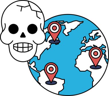 Üzerinde dört nokta olan bir kürede bir kafatası var. Kafatası gülümsüyor ve dünya siyah beyaz