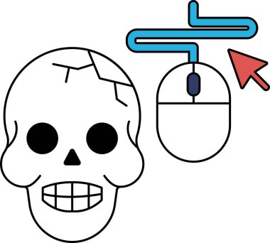 Üzerinde fare imleci olan bir kafatası. Kafatası siyah bir kenarlıkla çevrilidir ve fare imleci kafatasının ortasında konumlandırılmıştır.