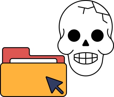Üzerinde fare imleci olan bir klasörün yanında bir kafatası var. Kafatası siyah beyaz çizilmiş ve tehditkar bir görünüme sahip.