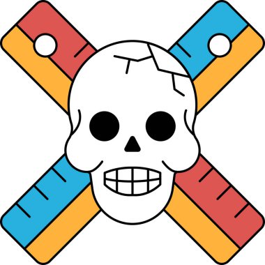 Üstünde cetvel olan bir kafatası gülümsüyor. Cetvel kafatasının üzerine yerleştirilmiş, ve neşeli ve neşeli bir tasarım.