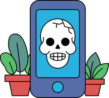 Telefonun üzerinde bir kafatası ve arkasında bir bitki var. Kafatası gülümsüyor ve telefon siyah.