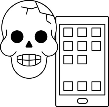 Kafatası cep telefonunun yanında. Kafatası gülümsüyor ve telefon siyah. Sahne karanlık ve ürkütücü.