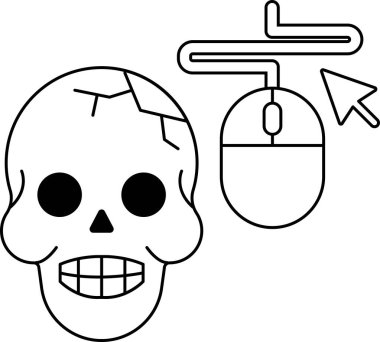 Üzerinde fare imleci olan bir kafatası. Kafatası siyah bir kenarlıkla çevrilidir ve fare imleci kafatasının ortasında konumlandırılmıştır.