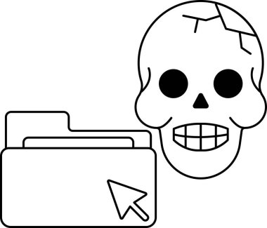 Üzerinde fare imleci olan bir klasörün yanında bir kafatası var. Kafatası siyah beyaz çizilmiş ve tehditkar bir görünüme sahip.