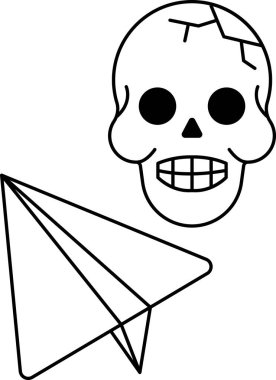Yüzünde bir gülümsemeyle bir kafatası çizilir ve yanına bir kağıt uçak çizilir.