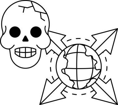 Yüzünde bir gülümsemeyle bir kafatası çizilir ve arka planda bir küre çizilir. Kafatası farklı yönlere bakan dört okla çevrili.