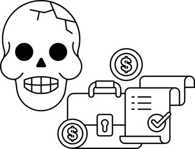 Bir kağıt parçasının üzerinde bir dolar işareti ve bir bavul var. Kafatası bozuk paralar ve anahtarla çevrili. Tehlike ve gizem kavramı