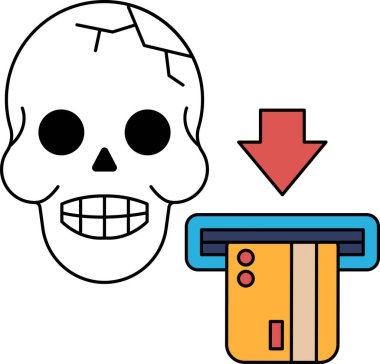 Bir kafatası, kredi kartı makinesini gösteren aşağı doğru okla siyah bir arkaplanda. Kafatası gülümsüyor ve ağzı açık. Bu da dostça ve misafirperver bir atmosfer izlenimi veriyor.