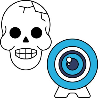 Kafatası ve kamera. Kafatası gülümsüyor ve ağzında bir kamera var. Kamera siyah beyaz.