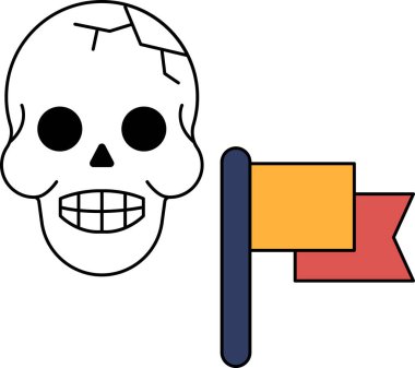 Arka planda bayrak olan bir kafatası çizilir. Kafatasının yüzünde bir gülümseme var ve elinde bir bayrak var.
