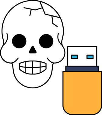 Önünde USB bellek olan bir kafatası. Kafatasının yüzünde bir gülümseme var.