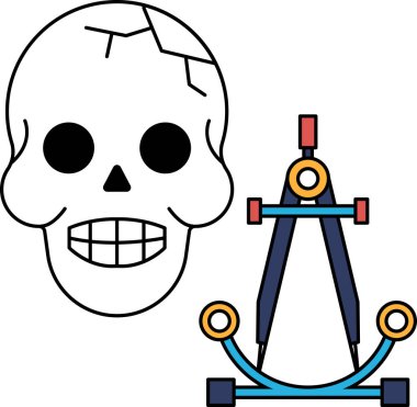 Bir kafatası ve bir pusula birlikte çizilir. Kafatası gülümsüyor ve pusula sağ tarafı gösteriyor.