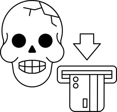 Bir kafatası, kredi kartı makinesini gösteren aşağı doğru okla siyah bir arkaplanda. Kafatası gülümsüyor ve ağzı açık. Bu da dostça ve misafirperver bir atmosfer izlenimi veriyor.
