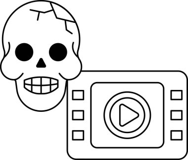 Kafatası ve iskelet beyaz arka planda ve sağda bir video oynatıcı var. Kafatası ve iskelet ölümü temsil eder. Sahne karanlık ve uğursuz.