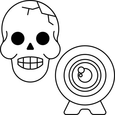 Kafatası ve kamera. Kafatası gülümsüyor ve ağzında bir kamera var. Kamera siyah beyaz.