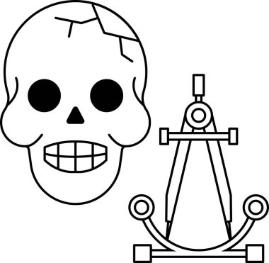 Bir kafatası ve bir pusula birlikte çizilir. Kafatası gülümsüyor ve pusula sağ tarafı gösteriyor.