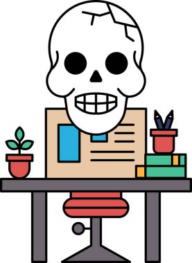 Bir kafatası bilgisayar monitörü ve saksı bitkisiyle bir masanın üzerinde oturuyor. Kafatasının yüzünde tuhaf ve beklenmedik bir gülümseme var. Mizah anlayışı ve oyun anlayışı