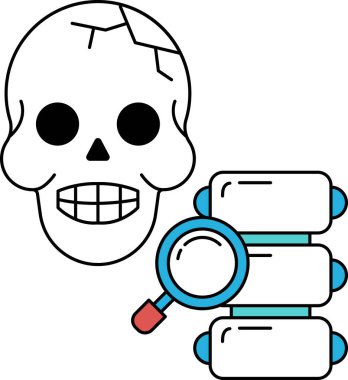 Büyüteçle kafatası ve omurga. Kafatası siyah ve beyaz.