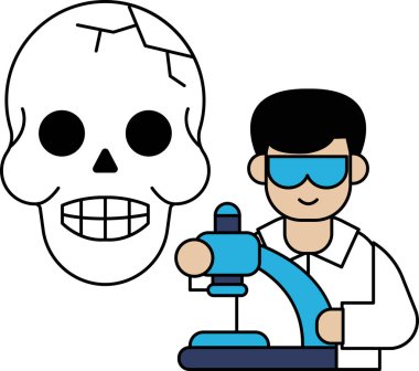 Bir adam mikroskobun önünde bir kafatası tutuyor. Kafatası kırılmış ve üzerinde bir delik var. Adam gözlük takıyor ve bir bilim adamı. Merakın ve bilimsel keşiflerin kavramı