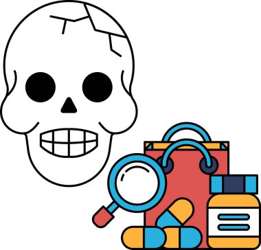 Yanında büyüteç olan bir kafatası çizilir. Kafatası bir çanta ve bir şişe hapla çevrili.