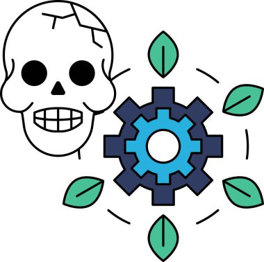 Bir kafatası dişlinin yanına çizilir. Kafatası kırılmış ve teçhizat siyah beyaz. Kafatası ve teçhizat yan yana, kafatası solda ve dişliler sağda.