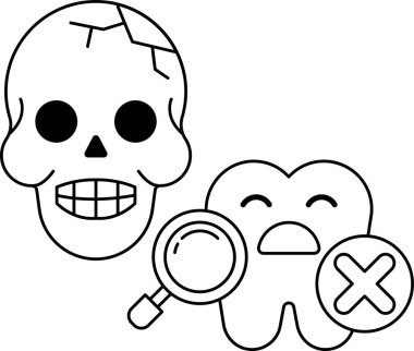 Bir kafatası ve bir diş siyah ve beyaz olarak çizilir. Kafatası büyüteçle dişe bakıyor.