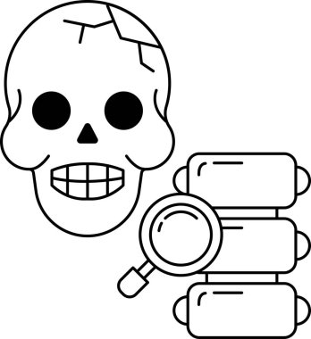 Büyüteçle kafatası ve omurga. Kafatası siyah ve beyaz.