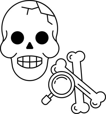 Kafatası ve kemikler arasında büyüteç var. Kafatası gülümsüyor ve kemikler ona bakıyor.