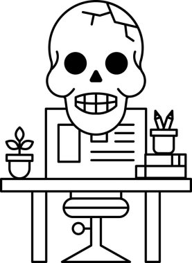 Bir kafatası bilgisayar monitörü ve saksı bitkisiyle bir masanın üzerinde oturuyor. Kafatasının yüzünde tuhaf ve beklenmedik bir gülümseme var. Mizah anlayışı ve oyun anlayışı