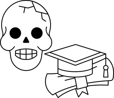 Mezuniyet şapkasının üstünde bir kafatası oturuyor. Kafatası gülümsüyor ve kapağı açık.