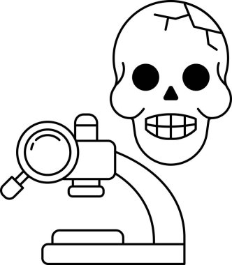 Bir kafatası gülümsüyor ve dişleri görünüyor. Mikroskobun yanında. Kafatası laboratuvar önlüğü giyiyor ve elinde büyüteç var.